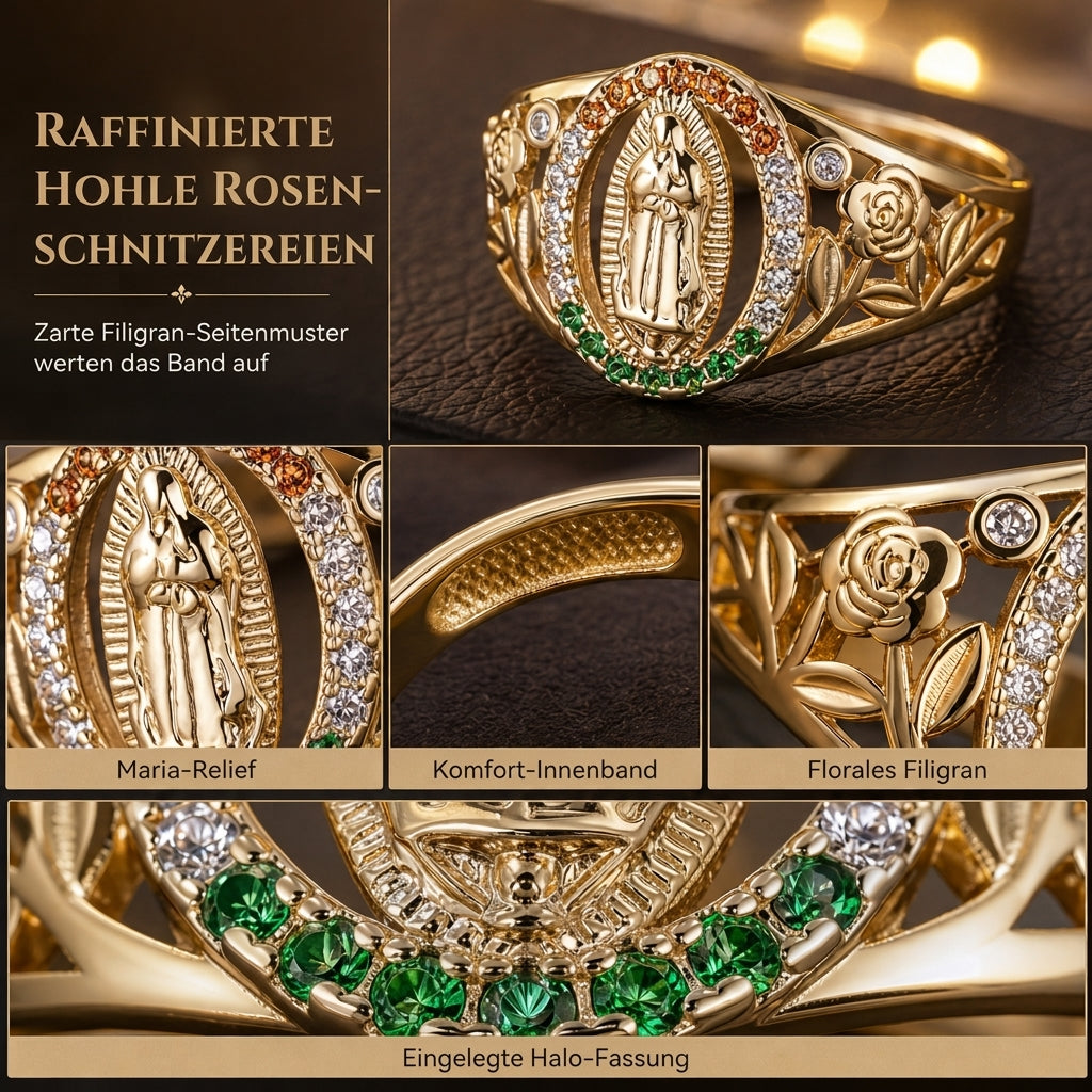 🔥Old-Money-Stil Damenring｜Goldton Metallring mit Göttinnenporträt, Blumen & farbigen Cubic Zirconia