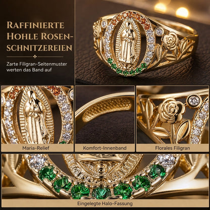 🔥Old-Money-Stil Damenring｜Goldton Metallring mit Göttinnenporträt, Blumen & farbigen Cubic Zirconia