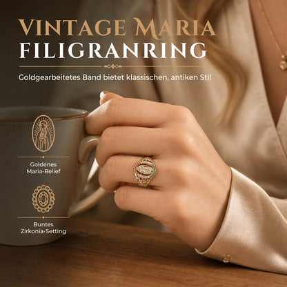 🔥Old-Money-Stil Damenring｜Goldton Metallring mit Göttinnenporträt, Blumen & farbigen Cubic Zirconia