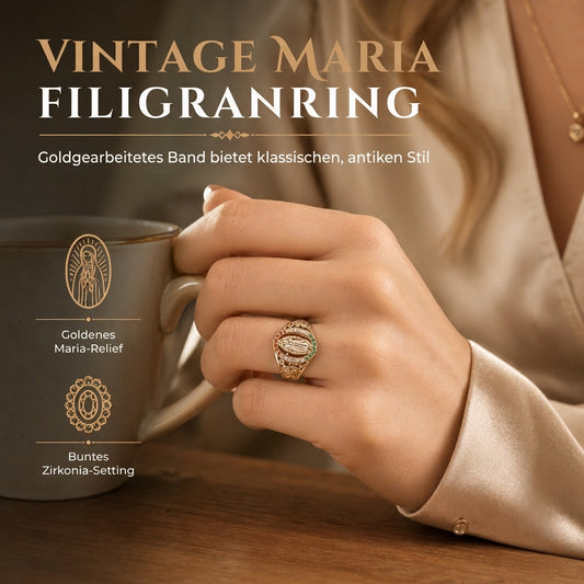 🔥Old-Money-Stil Damenring｜Goldton Metallring mit Göttinnenporträt, Blumen & farbigen Cubic Zirconia