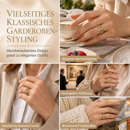 🔥Old-Money-Stil Damenring｜Goldton Metallring mit Göttinnenporträt, Blumen & farbigen Cubic Zirconia