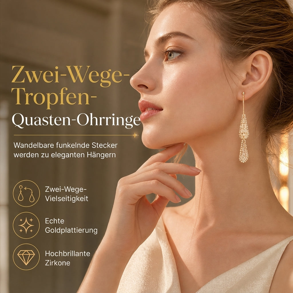 💎Dual-Wear Damen Ohrringe｜Goldplattierte Tropfenohrringe mit Zirkonia & Wasserfall-Quasten