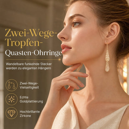 💎Dual-Wear Damen Ohrringe｜Goldplattierte Tropfenohrringe mit Zirkonia & Wasserfall-Quasten