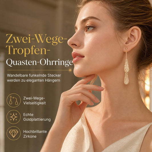 💎Dual-Wear Damen Ohrringe｜Goldplattierte Tropfenohrringe mit Zirkonia & Wasserfall-Quasten