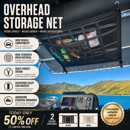 🚤 50% sparen! 🎣 Overhead Mesh Aufbewahrungsnetz – Mehrere Taschen & verstellbar für SUV/Van ✨