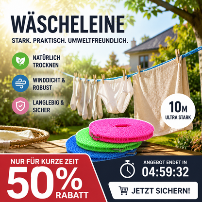 🧺 Je mehr Sie kaufen, desto mehr erhalten Sie gratis! 🔥 Rutschfeste Wäscheleine – Langlebig & UV-beständig – Perfekt für Balkon, Garten oder Waschküche – hält Kleidung sicher an Ort und Stelle ☀️