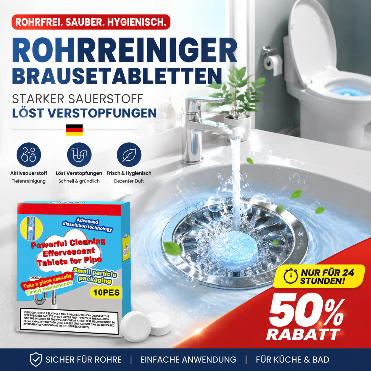 🔥 50 % RABATT! 🫧 Leistungsstarke Reinigungstabletten für Abflüsse – lösen Schmutz, Fett und üble Gerüche auf und sorgen für ein frischeres Rohrsystem ✨