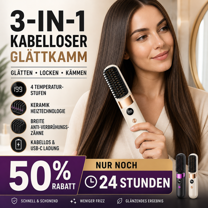 💇‍♀️🔥 3-in-1 Kabellose Glättungsbürste – glätten, locken, entwirren – USB-C, 4 Stufen – perfektes Haar überall! ✨