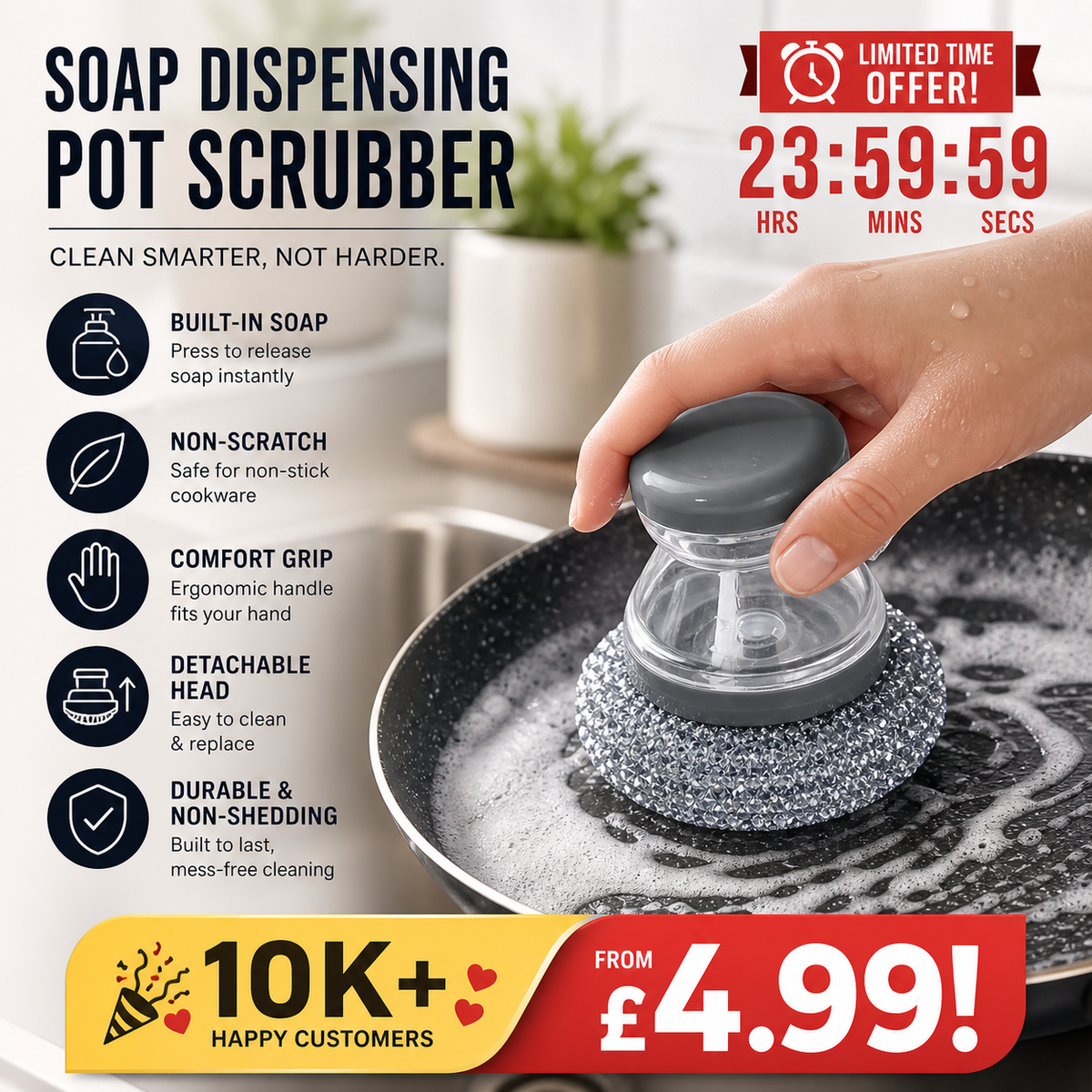 🔥50 % Rabatt🔥Soap-Dispensing Scrubber Brush – Press Dispense, Detachable, Durable ✨
