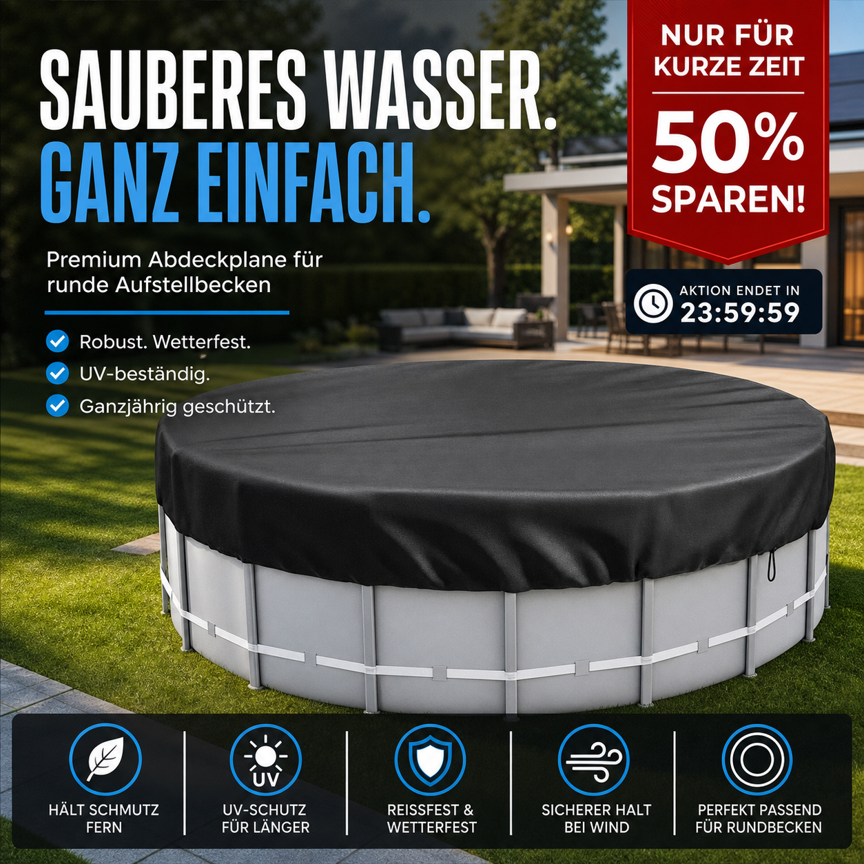 🏊 -50% RABATT | Wasserdichte Poolabdeckung aus 210D Oxford-Gewebe – Robuster Schutz für Aufstellpools