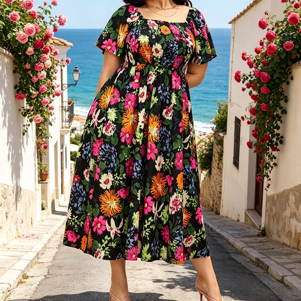🔥Letzter Tag: 50% Rabatt!⏰🌸👗 Blumenkleid mit Raffungen, quadratischem Ausschnitt & Taschen🏖️